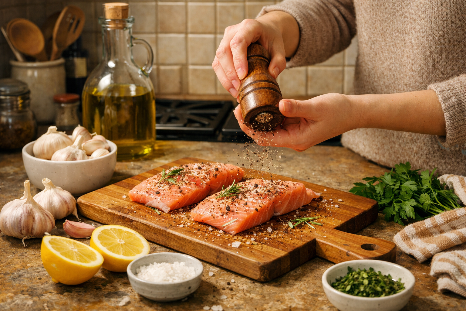 Jasna, nadmorska kuchnia z drewnianym stołem